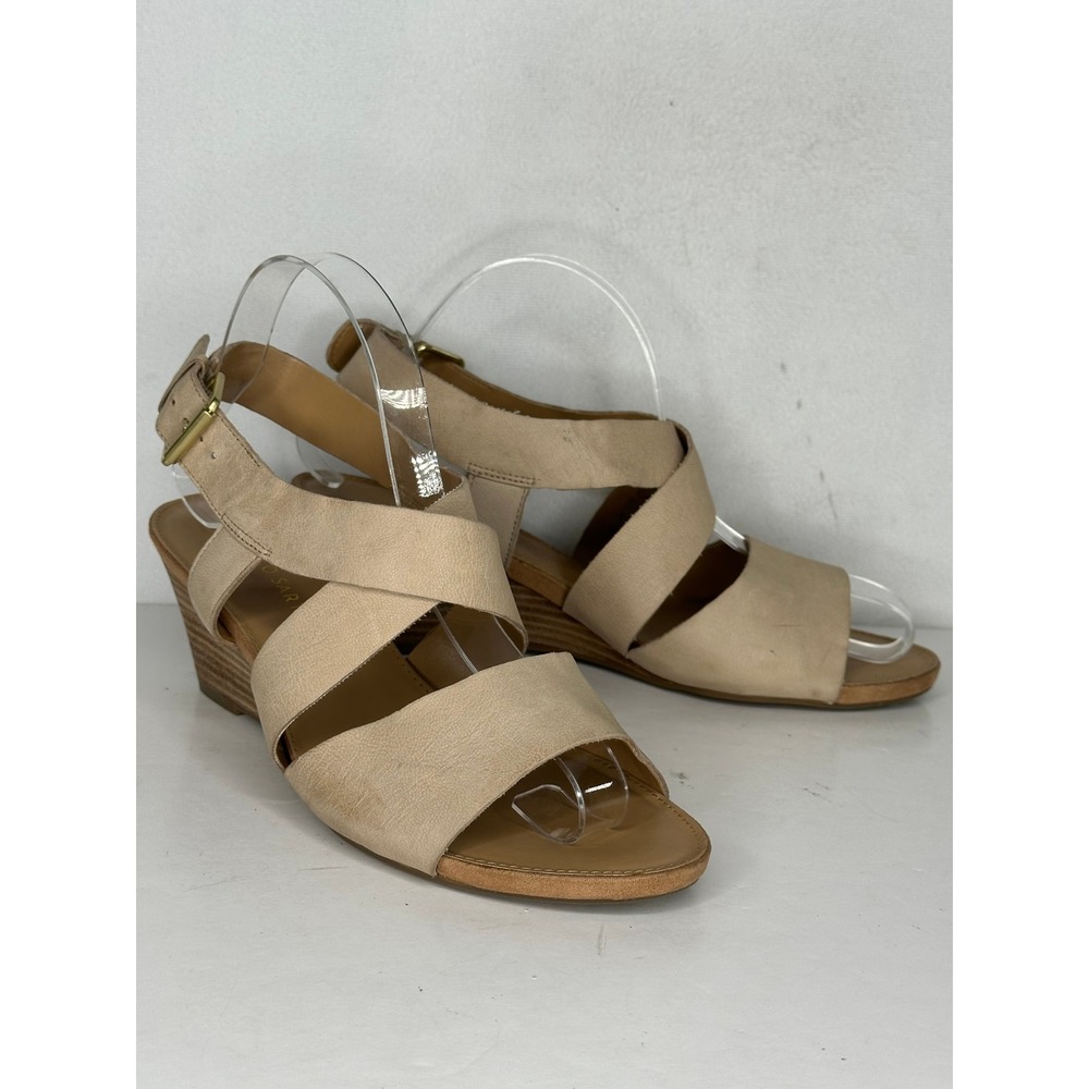 Franco Sarto Dania Nude Beige Leather Strappy Wedge Sandals Bohemian Womens 9M